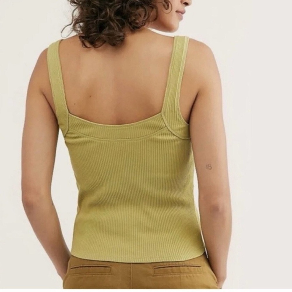 FREE PEOPLE Bridgette Ribbed Button Tank Green Cropped Cotton Summer Top M - Picture 2 of 10